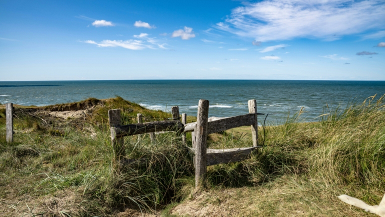 Ein alter Holzzaun steht auf einer grasbewachsenen Düne, die sich zum Meer hin erstreckt. Im Hintergrund liegt der weite, blaue Ozean unter einem teilweise bewölkten Himmel.