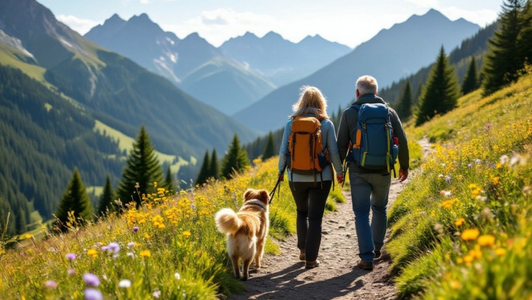 Zwei ältere Menschen wandern mit ihrem Hund durch die Berge.