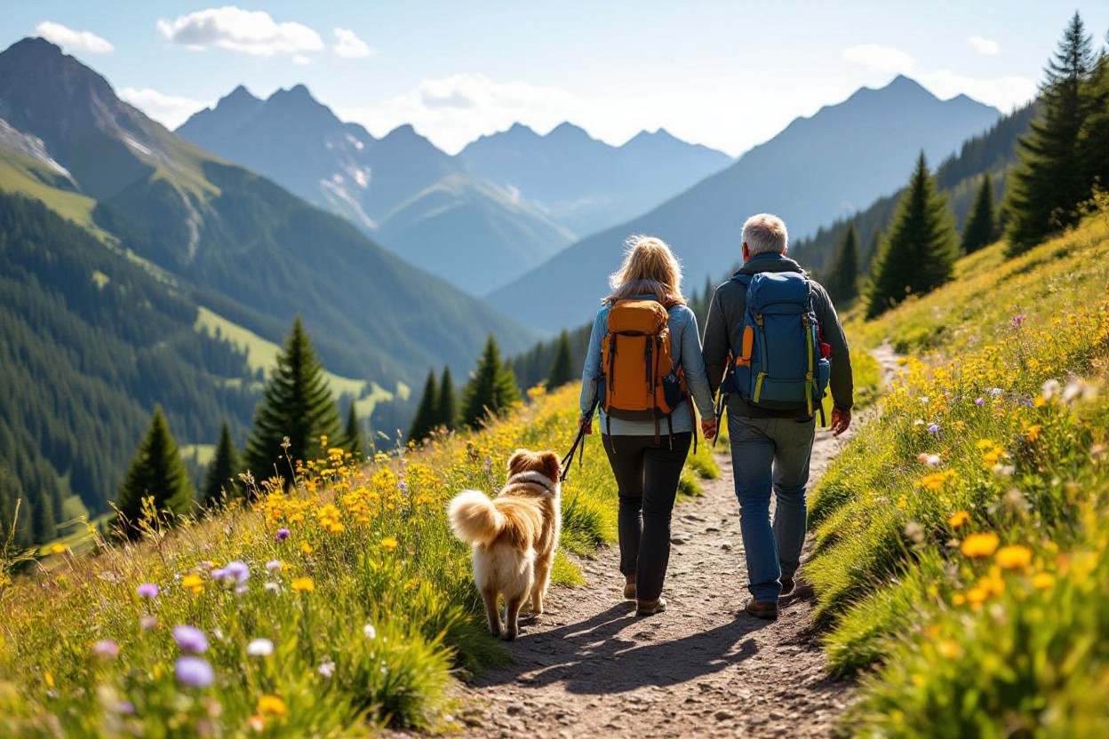 Zwei ältere Menschen wandern mit ihrem Hund durch die Berge.