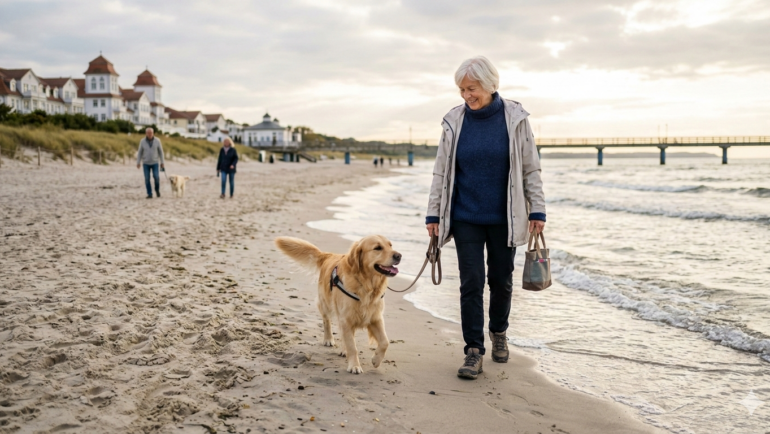 Ältere Frau am Sandstrand mit Hund